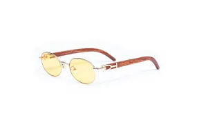 18KT Gold & Brown Wood Oval Sunglasses, Yellow Lenses