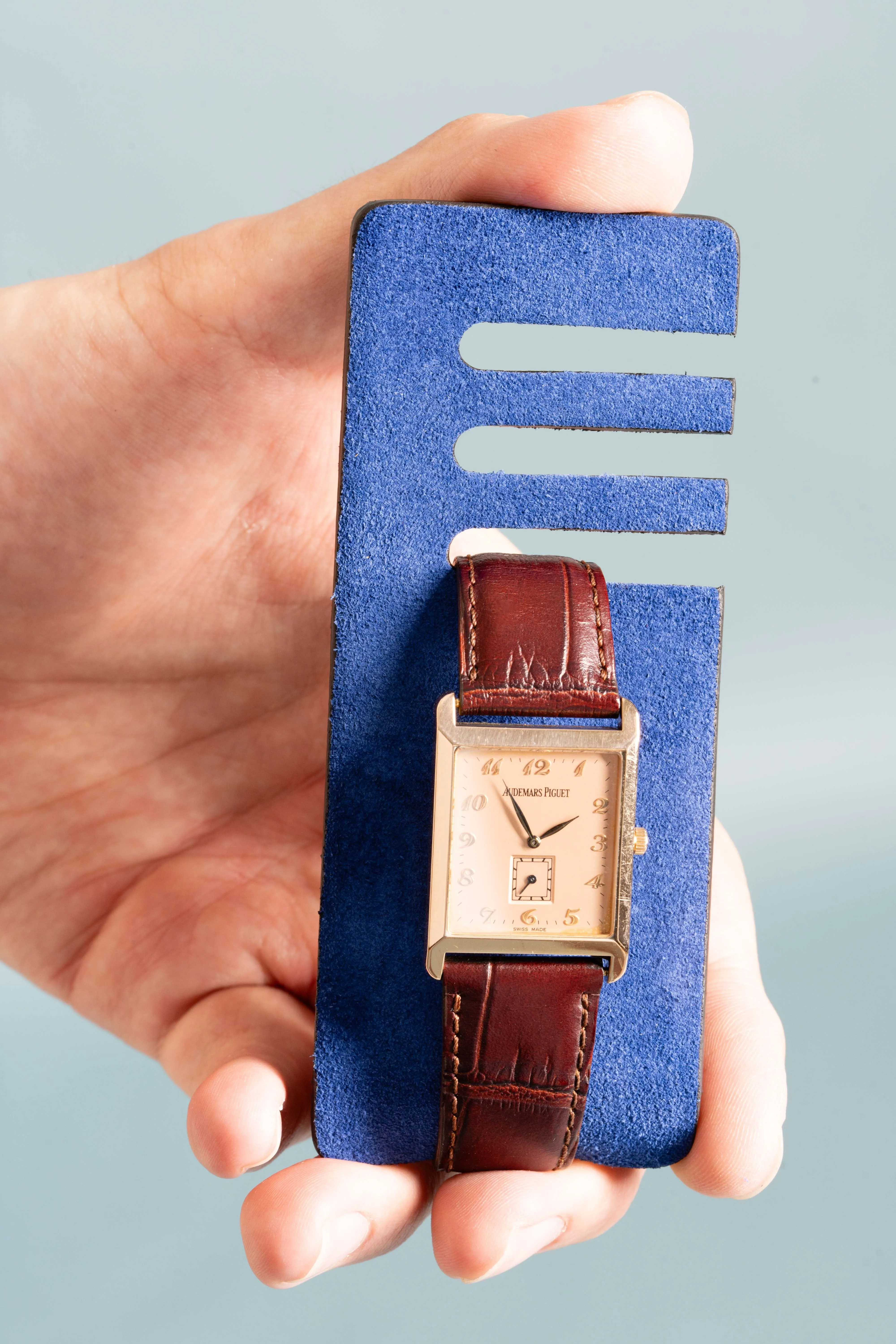 2-Watch Antique Mahogany & Blue Suede Leather Watch Case