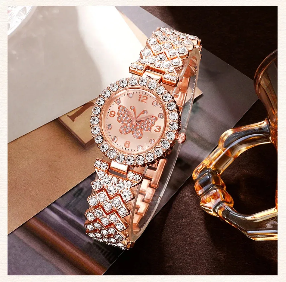 6pcs Jewelry Set Rose Gold Luxury Watch Women Ring Necklace Earring Rhinestone Fashion Wristwatch Casual Ladies Watches