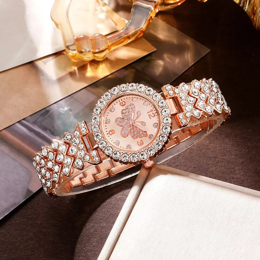 6pcs Jewelry Set Rose Gold Luxury Watch Women Ring Necklace Earring Rhinestone Fashion Wristwatch Casual Ladies Watches