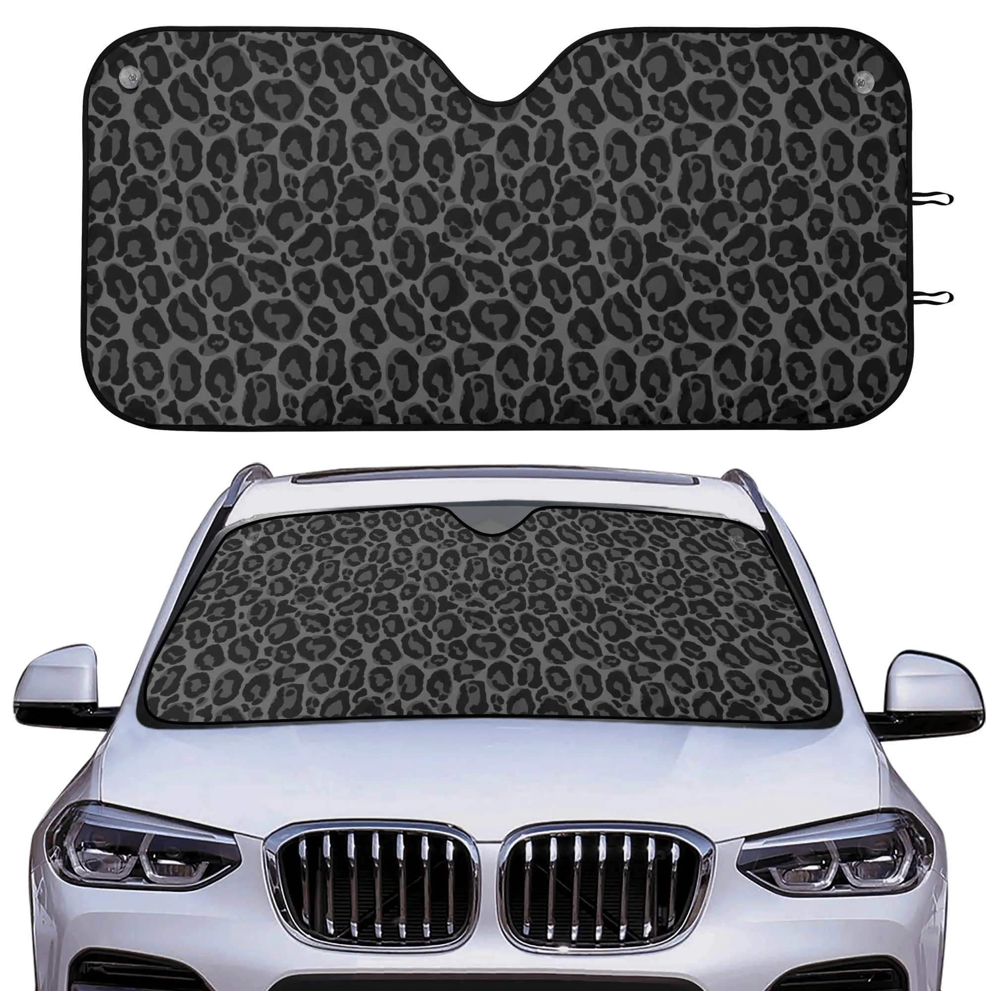 Black Leopard Car Sun Shade, Grey Animal Cheetah Front Windshield Coverings Blocker Auto Protector Window Screen Cover Shield SUV Truck