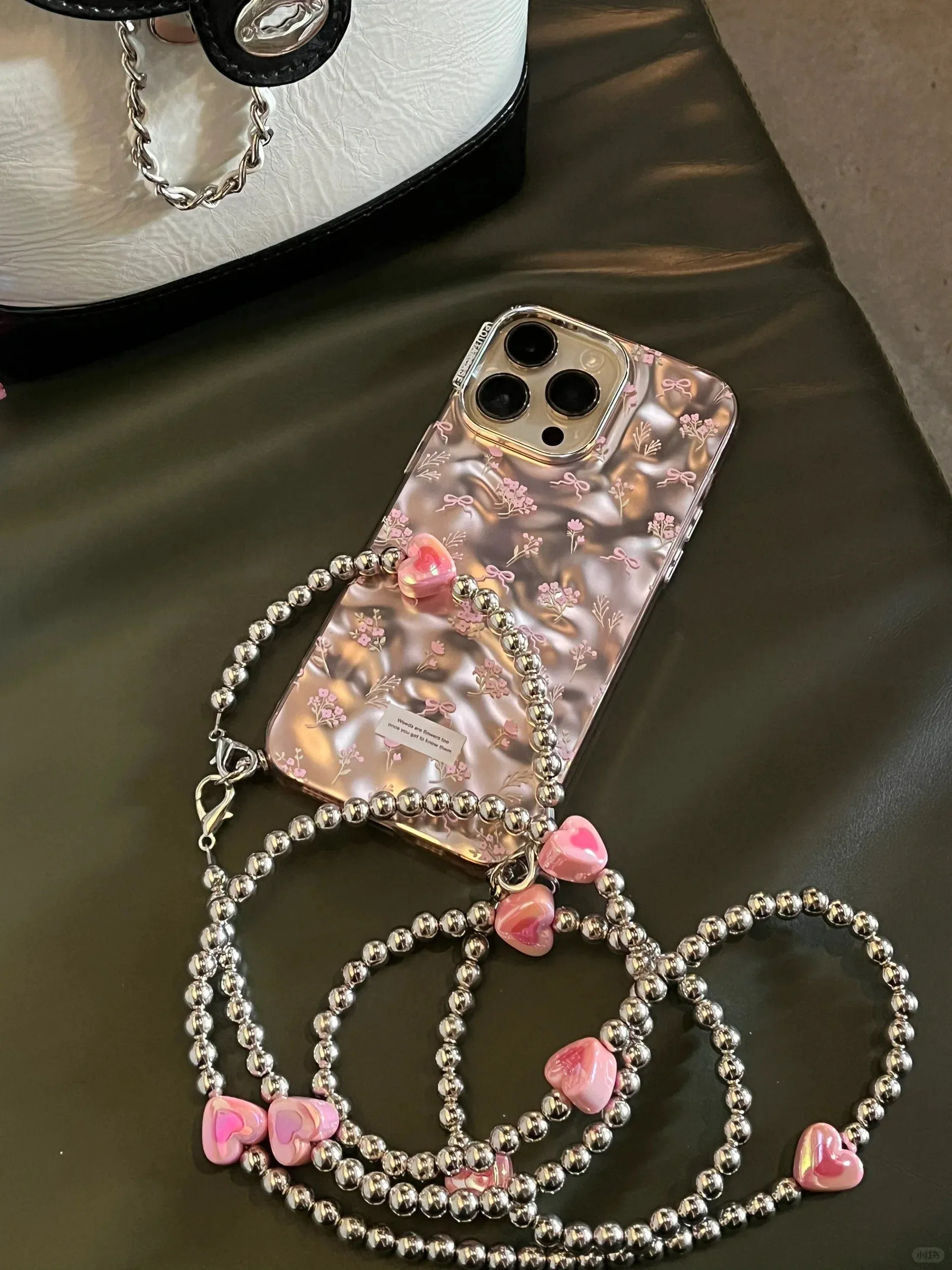 Bling Electroplated Light Pink Floral Ribbon Print Design   Pearl Chain Hand Strap Protective iPhone Case for iPhone 11 12 13 14 15 Pro Max