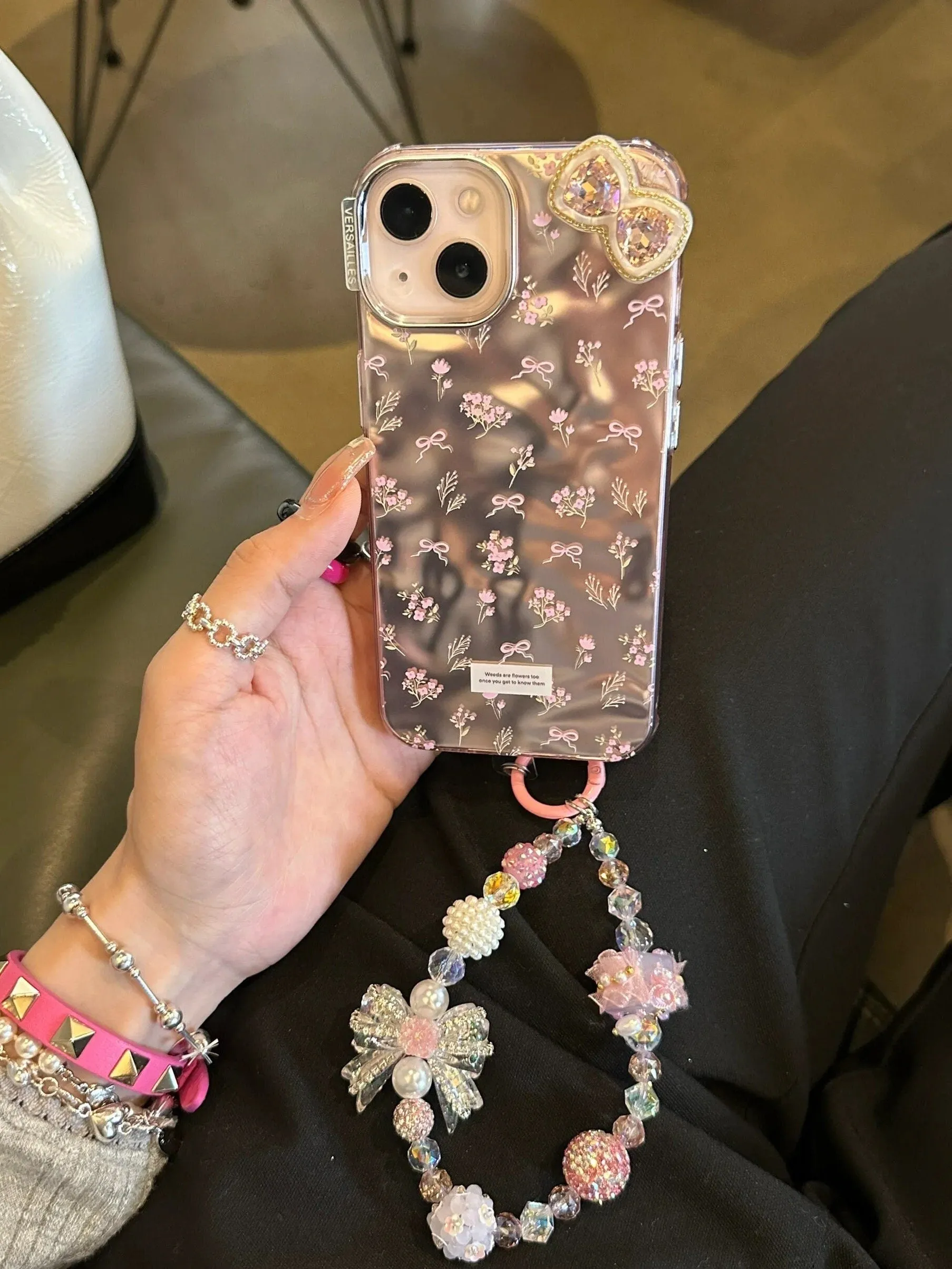 Bling Electroplated Light Pink Floral Ribbon Print Design   Pearl Chain Hand Strap Protective iPhone Case for iPhone 11 12 13 14 15 Pro Max