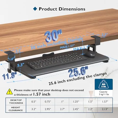 BONTEC Keyboard Tray Under Desk, Pull Out Keyboard & Mouse Tray with C-clamp, 25.6 Excluding Clamps (30 Including Clamps) x 11.8 Inch Steady Slide-Out Computer Drawer for Typing, Black