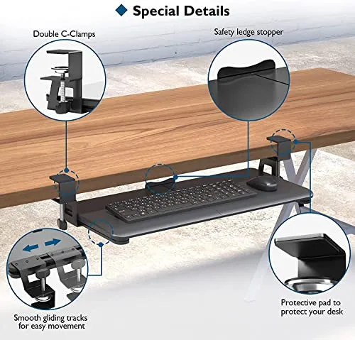 BONTEC Keyboard Tray Under Desk, Pull Out Keyboard & Mouse Tray with C-clamp, 25.6 Excluding Clamps (30 Including Clamps) x 11.8 Inch Steady Slide-Out Computer Drawer for Typing, Black