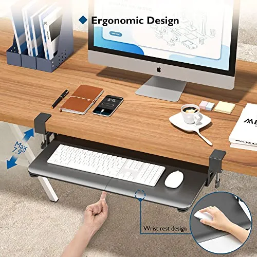 BONTEC Keyboard Tray Under Desk, Pull Out Keyboard & Mouse Tray with C-clamp, 25.6 Excluding Clamps (30 Including Clamps) x 11.8 Inch Steady Slide-Out Computer Drawer for Typing, Black