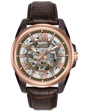 Bulova Mens Automatic - Stainless Steel - Leather Strap - Skeleton Dial - 100m