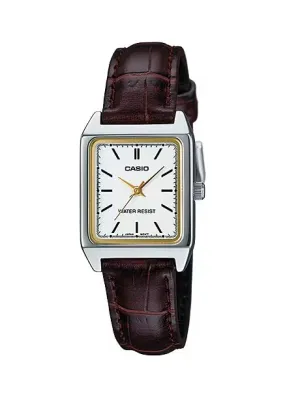 CASIO LADIES ANALOGUE SQUARE CASE WHITE DIAL BROWN LEATHER LTPV007L-7E2