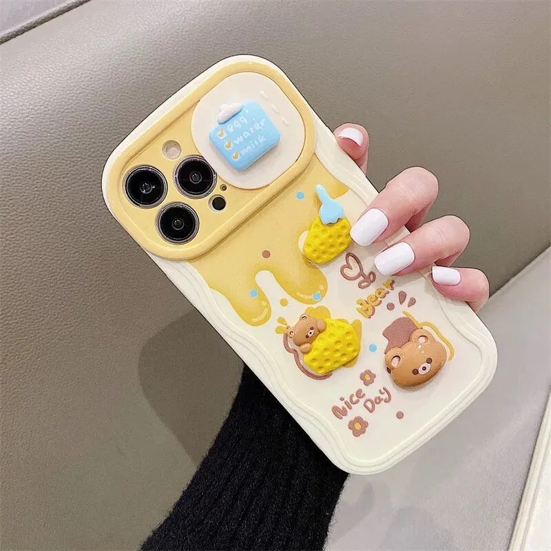 Cute 3D Brown Bear Yellow Honey Drip Honey Pot Decoden Design Protective Phone Case with Rope Hand Strap for iPhone 11 12 13 14 Pro Max