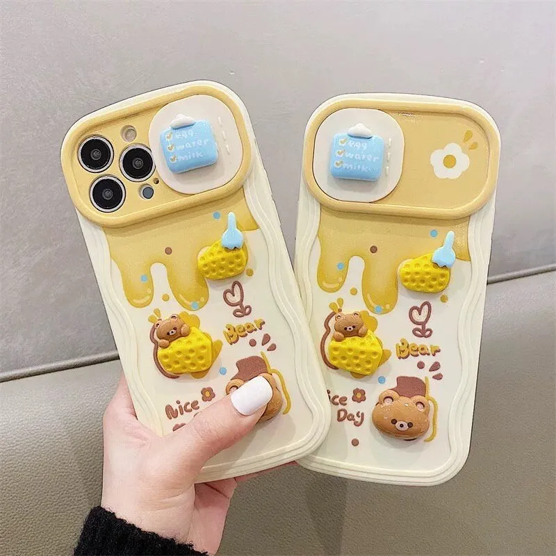 Cute 3D Brown Bear Yellow Honey Drip Honey Pot Decoden Design Protective Phone Case with Rope Hand Strap for iPhone 11 12 13 14 Pro Max