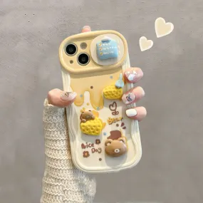 Cute 3D Brown Bear Yellow Honey Drip Honey Pot Decoden Design Protective Phone Case with Rope Hand Strap for iPhone 11 12 13 14 Pro Max