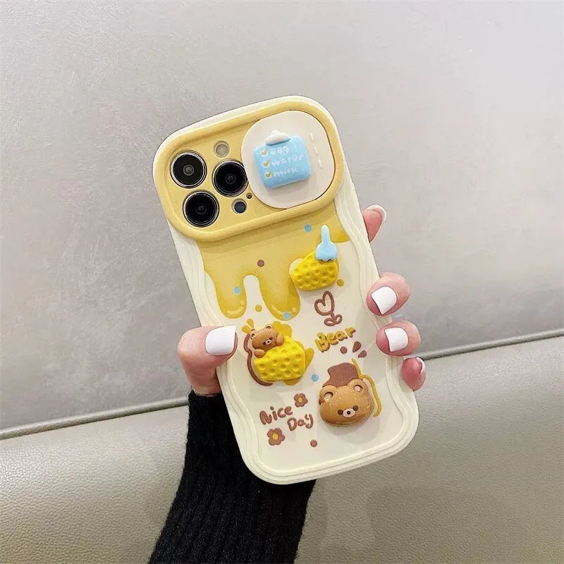 Cute 3D Brown Bear Yellow Honey Drip Honey Pot Decoden Design Protective Phone Case with Rope Hand Strap for iPhone 11 12 13 14 Pro Max