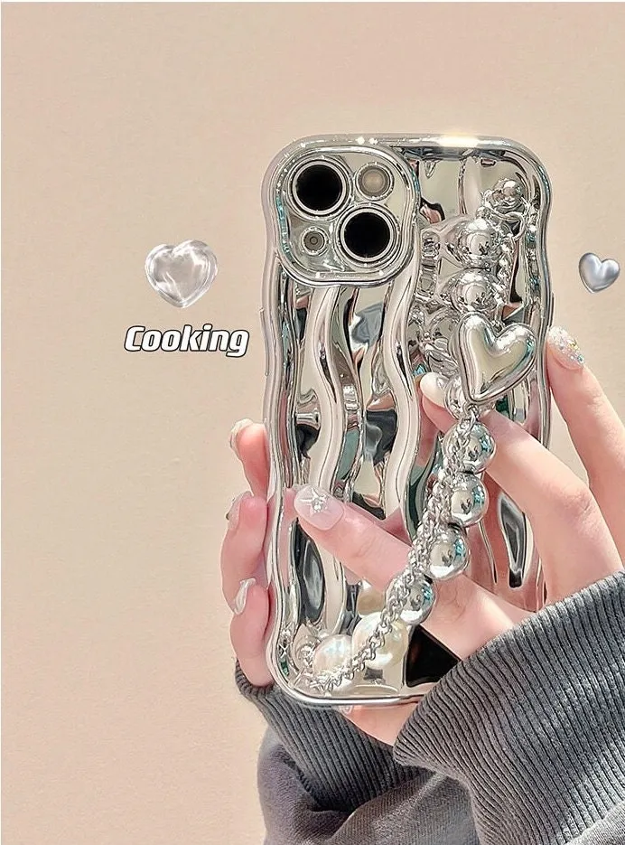 Cute Electroplated Silver Wave Design with Silver & White Pearl Strap Protective Shockproof iPhone Case for iPhone 11 12 13 14 Pro Max Case