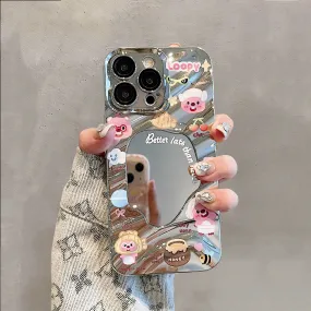 Cute Silver 3D Water Ripple Wave with Cute Cartoon Animals Design Protective Shockproof iPhone Case for iPhone 11 12 13 14 15 Plus Pro Max