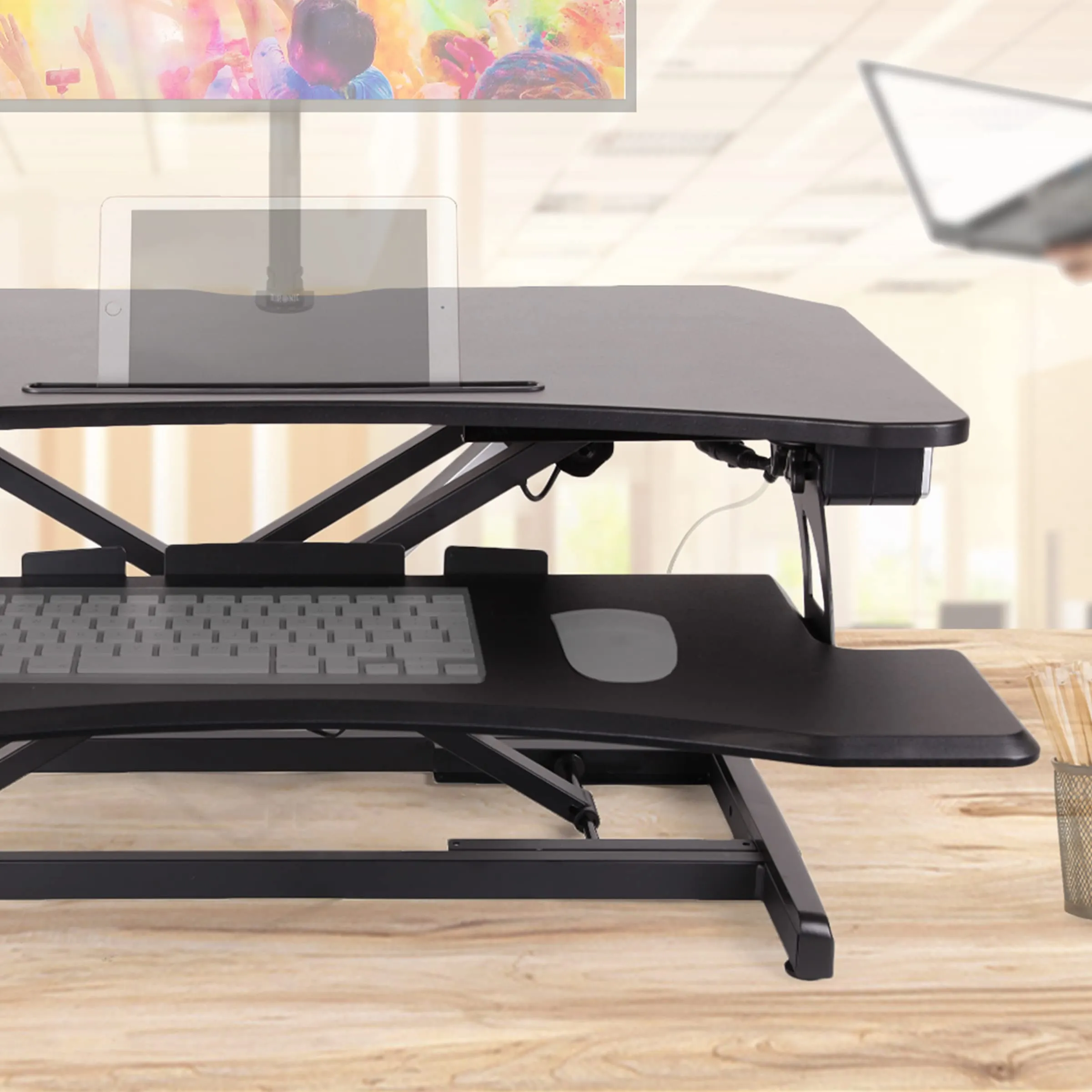 Duronic Sit-Stand Desk DM05D22 | Electric Height Adjustable Office Workstation | 85x50cm Platform | Rise from 15-50cm | For PC Computer Screen, Keyboard, Laptop | Ergonomic Desktop Table Converter