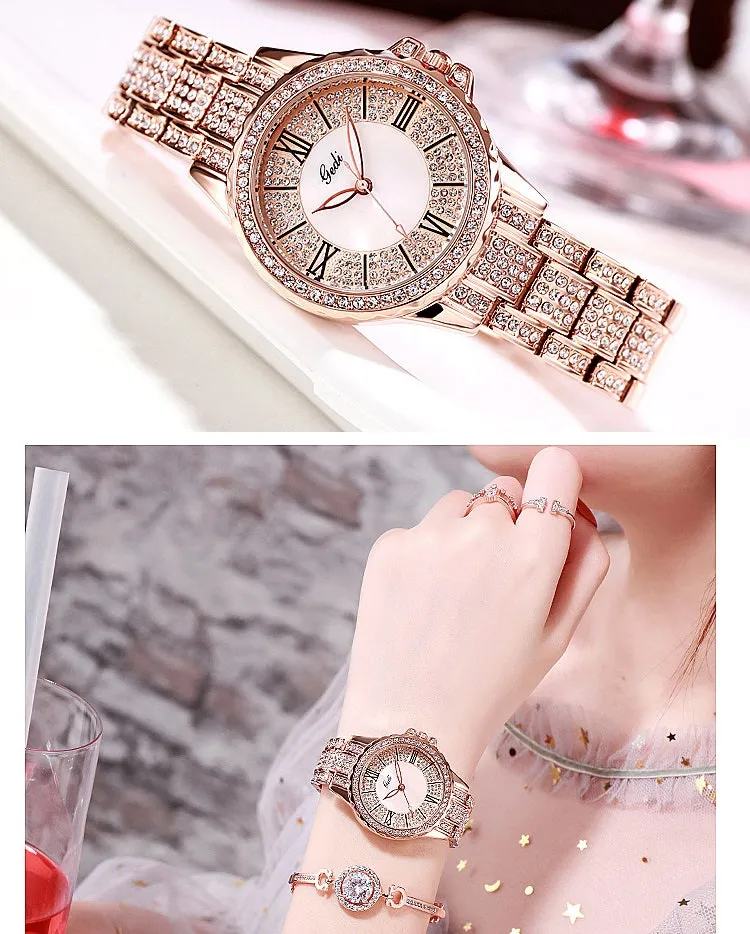 Fashion Goldie full diamond Roman scale steel band women's watches