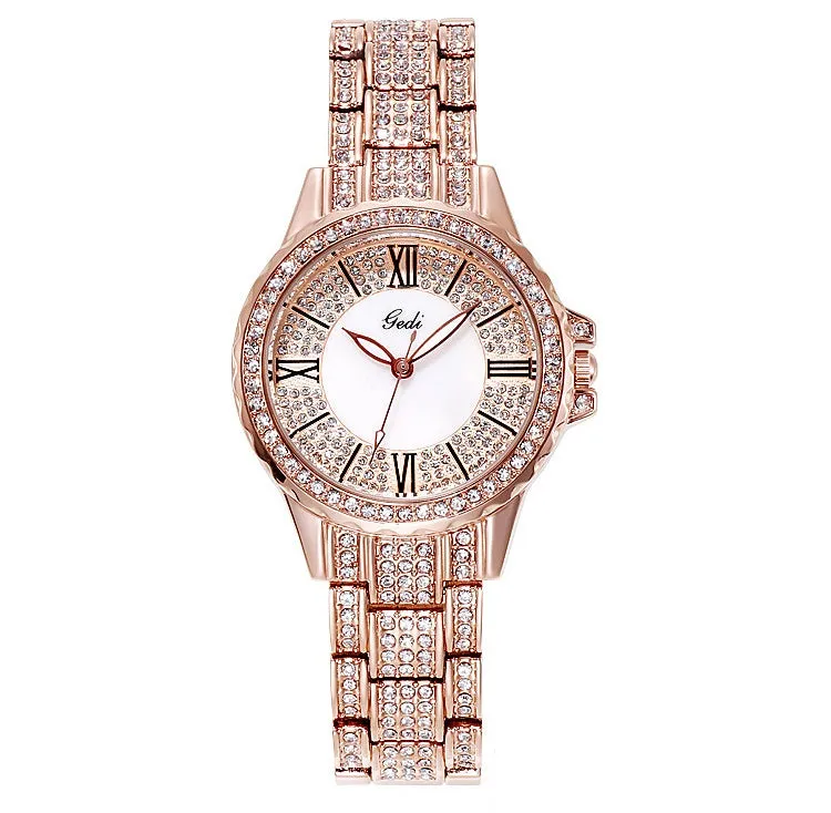 Fashion Goldie full diamond Roman scale steel band women's watches