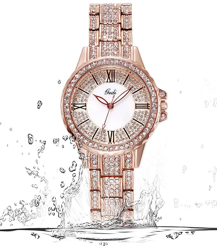 Fashion Goldie full diamond Roman scale steel band women's watches