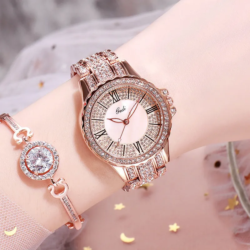 Fashion Goldie full diamond Roman scale steel band women's watches