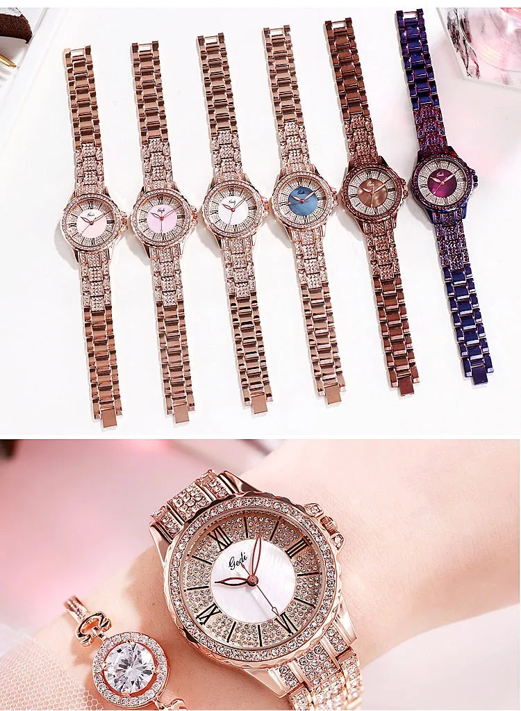 Fashion Goldie full diamond Roman scale steel band women's watches