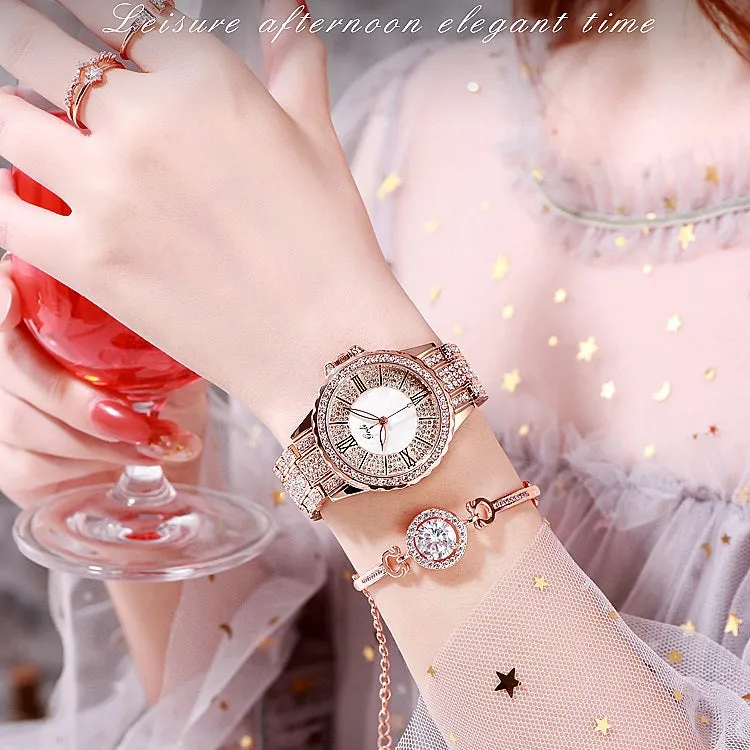 Fashion Goldie full diamond Roman scale steel band women's watches