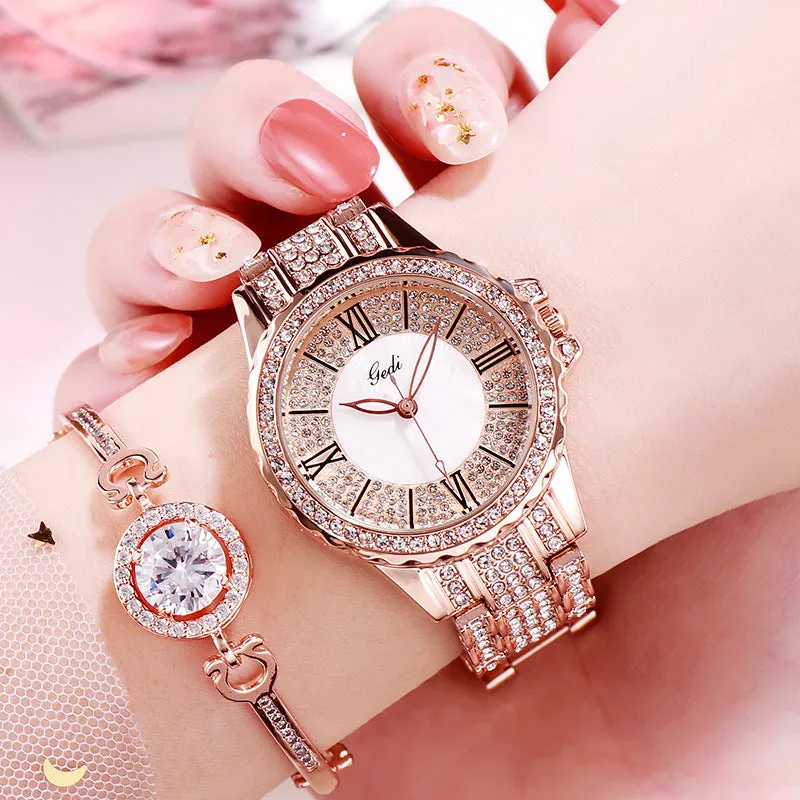 Fashion Goldie full diamond Roman scale steel band women's watches