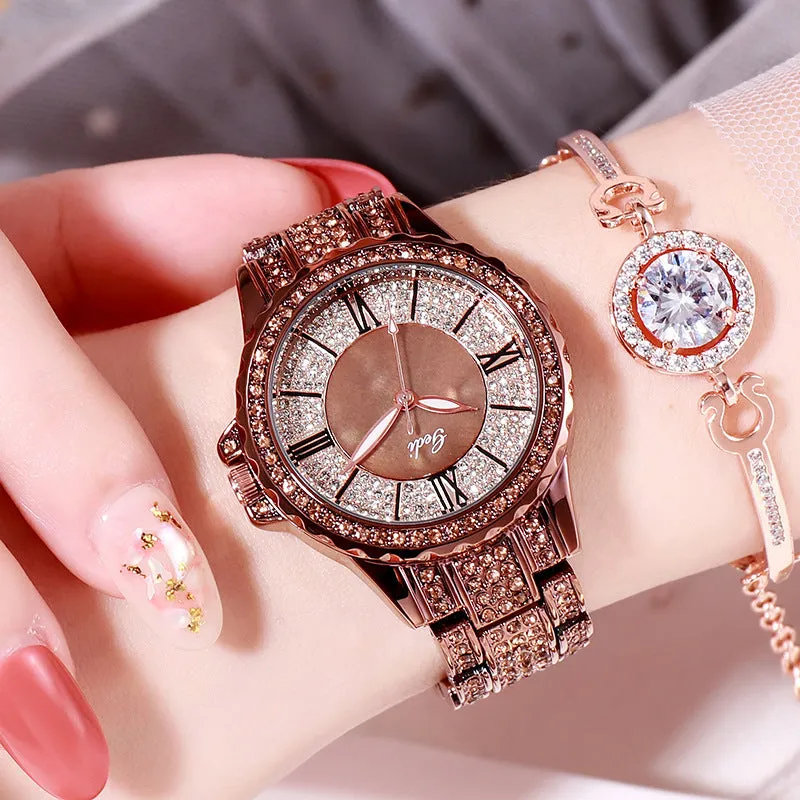 Fashion Goldie full diamond Roman scale steel band women's watches