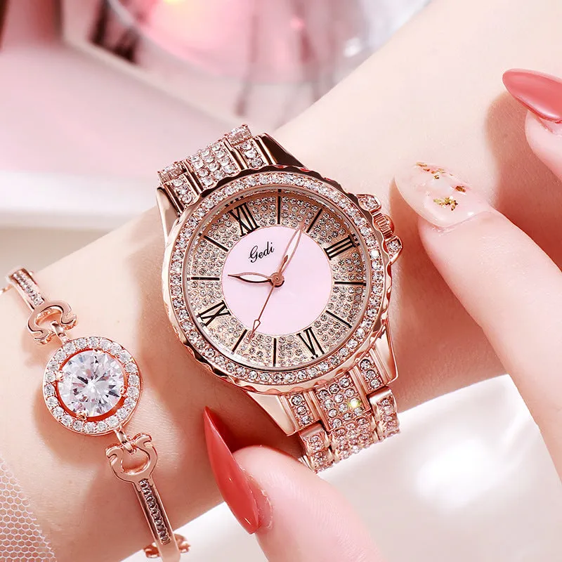 Fashion Goldie full diamond Roman scale steel band women's watches