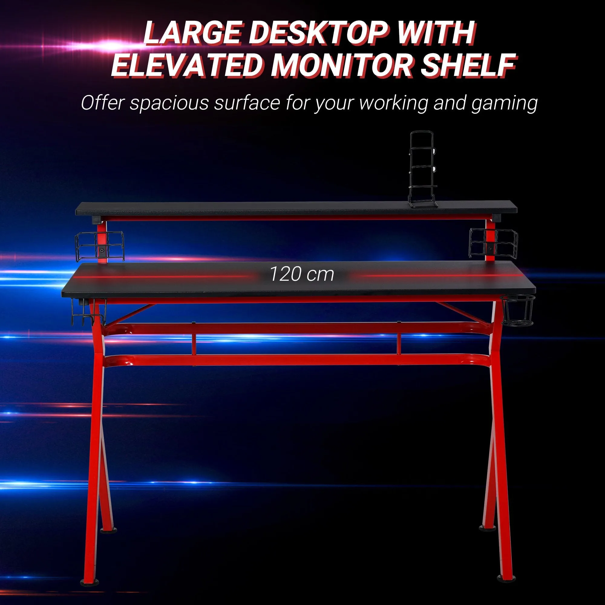 Gaming Desk Computer Table Ergonomics Workstation for Home Office with Cup & Speaker &Game Controller Holder Headphone Hook 120cm x 60cm x 96.5cm Black and Red Des CD Rack