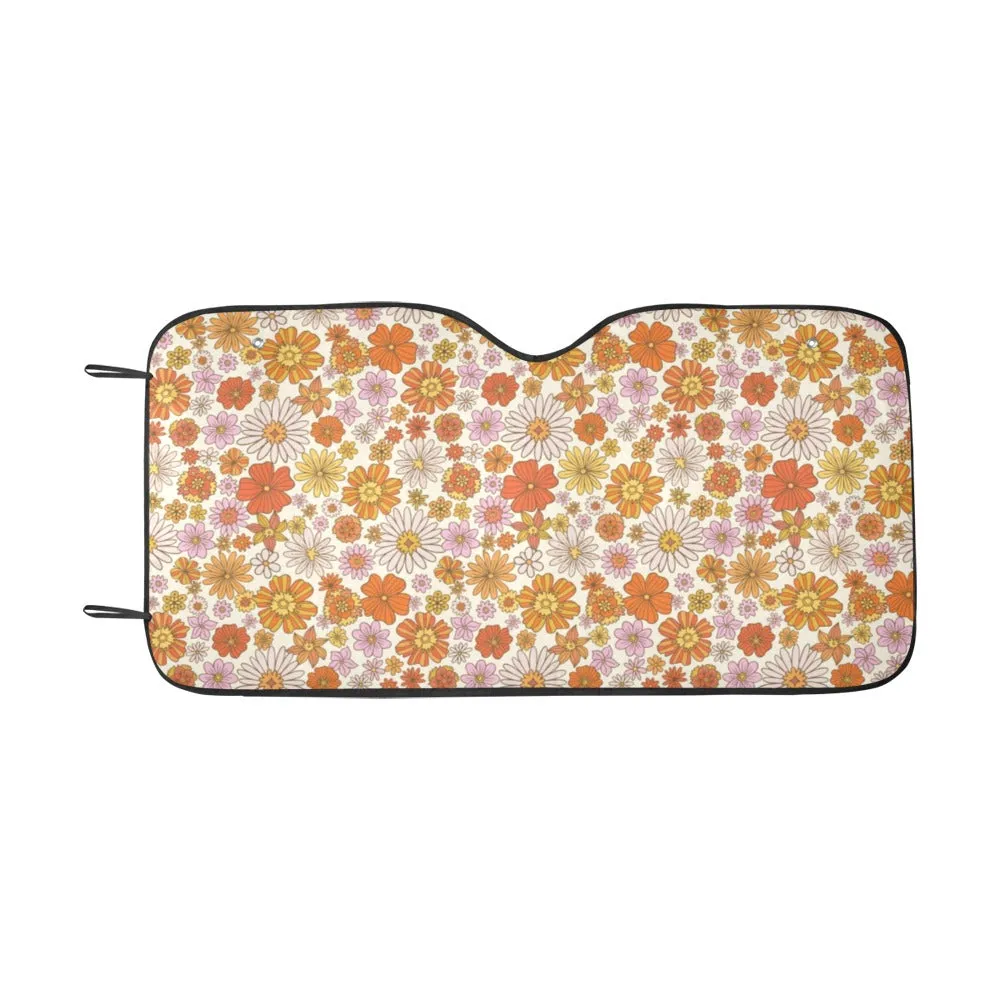 Groovy Flowers Windshield Sun Shade, Cute Hippie Floral Orange 70s Art Car Accessories Auto Protector Window Visor Screen Women Cover Decor