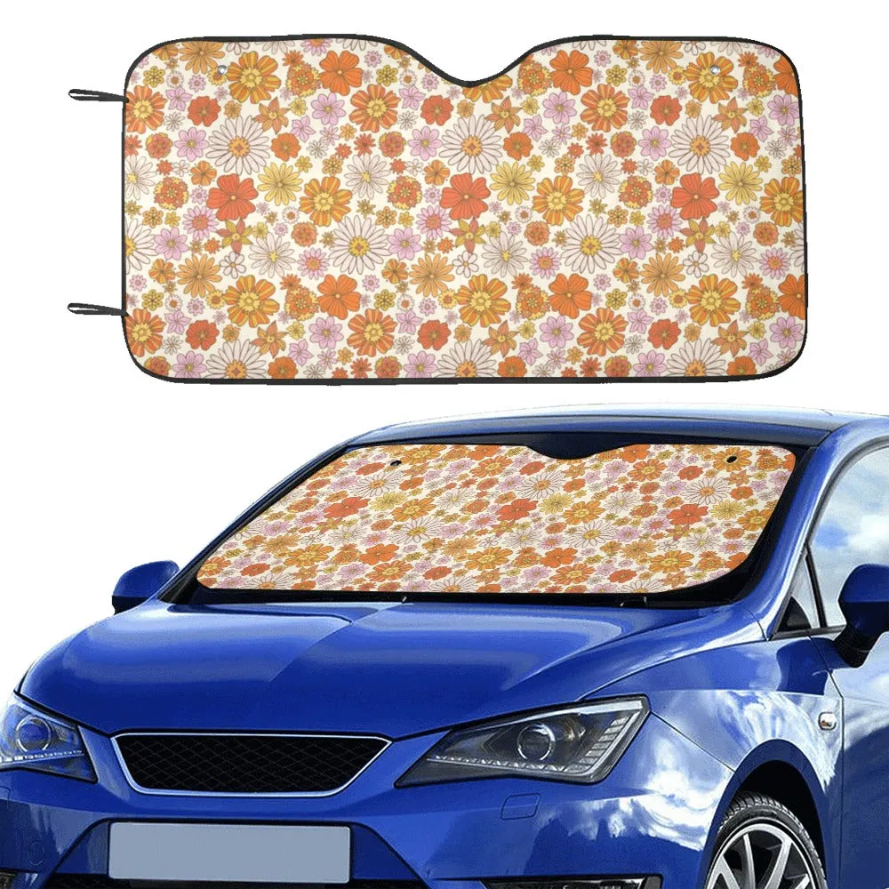 Groovy Flowers Windshield Sun Shade, Cute Hippie Floral Orange 70s Art Car Accessories Auto Protector Window Visor Screen Women Cover Decor