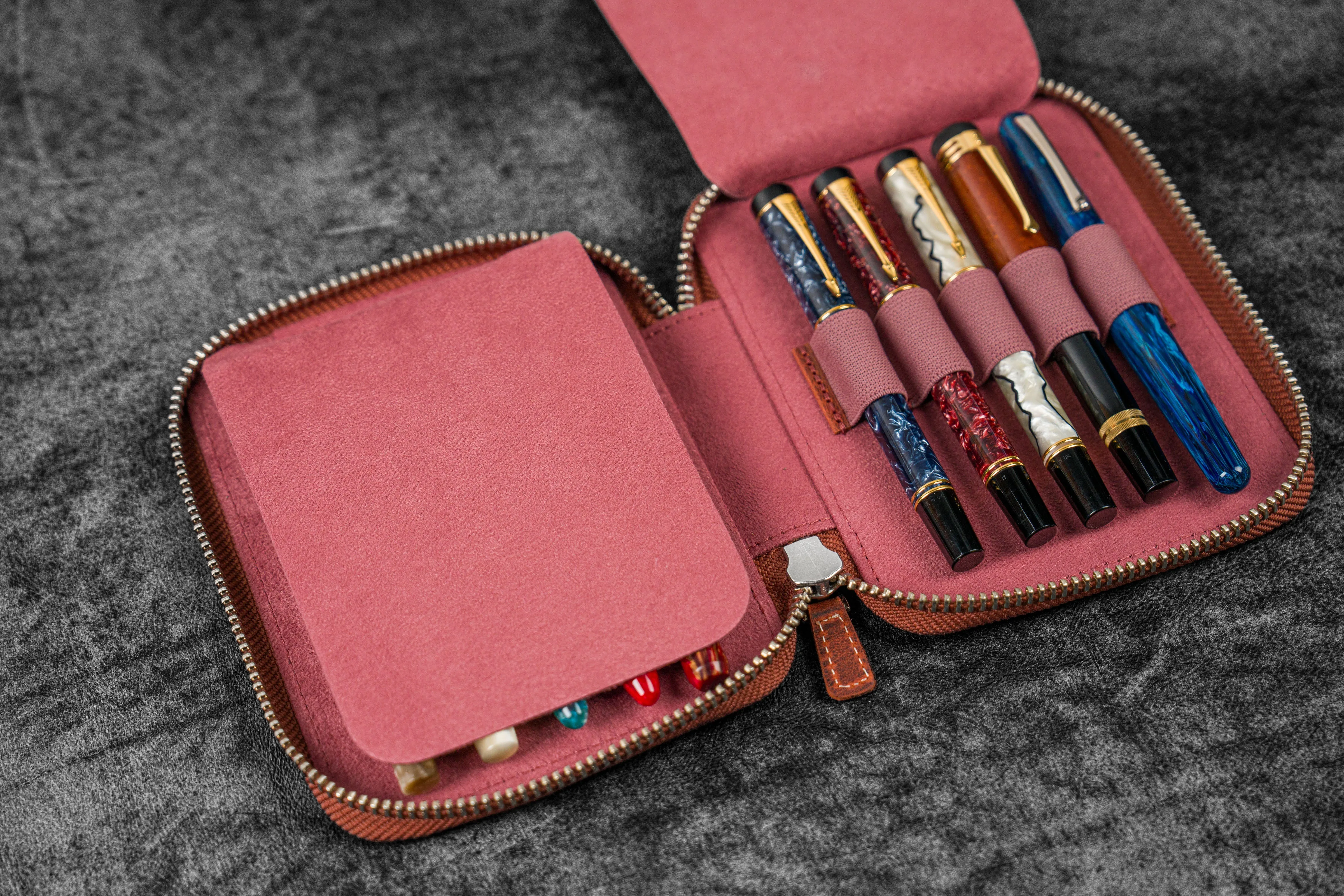 Leather Zippered 10 Slots Pen Case - C.H. Orange