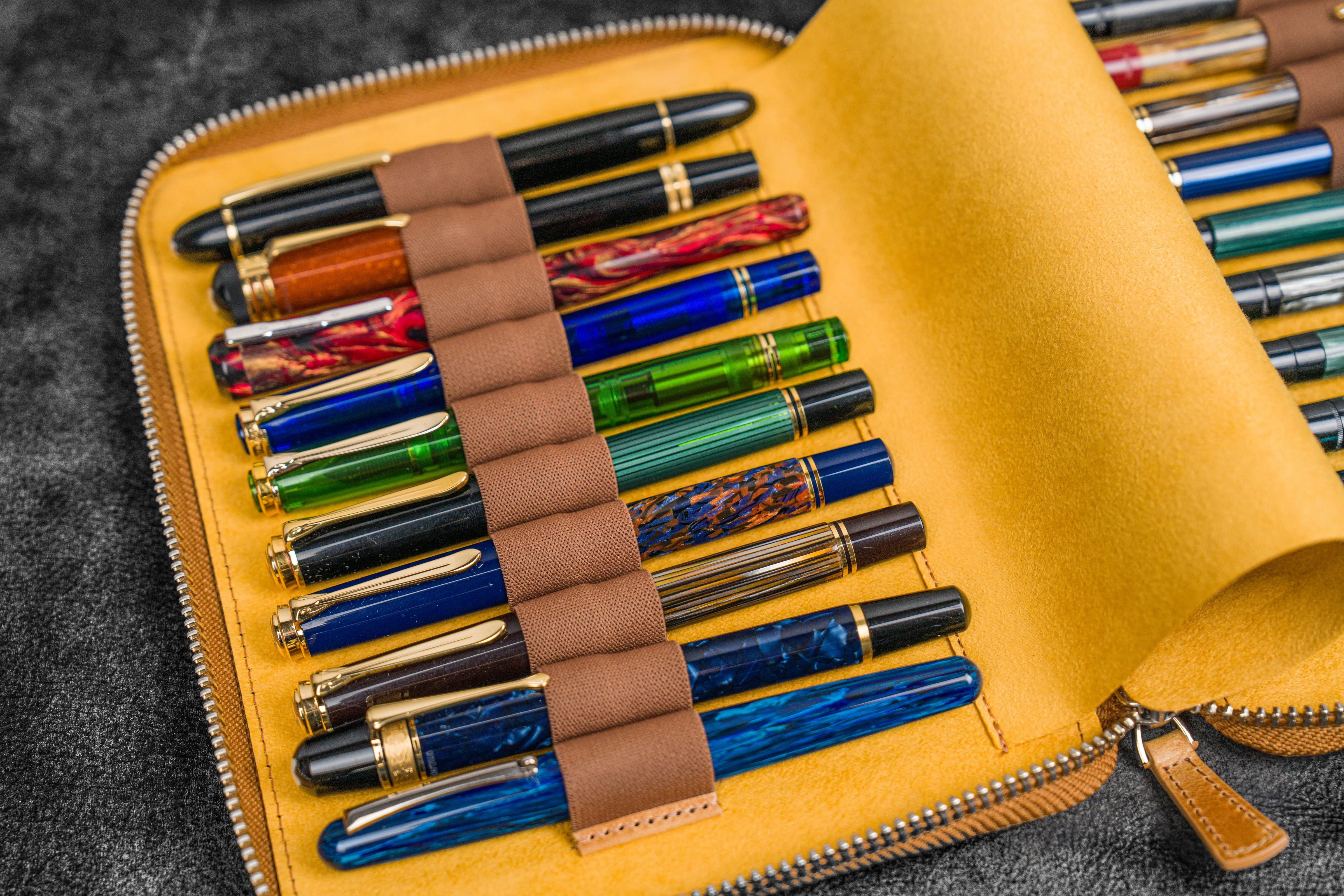 Leather Zippered 20 Slots Pen Case - Crazy Horse Honey Ochre