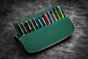 Leather Zippered Magnum Opus 12 Slots Hard Pen Case with Removable Pen Tray - Crazy Horse Forest Green