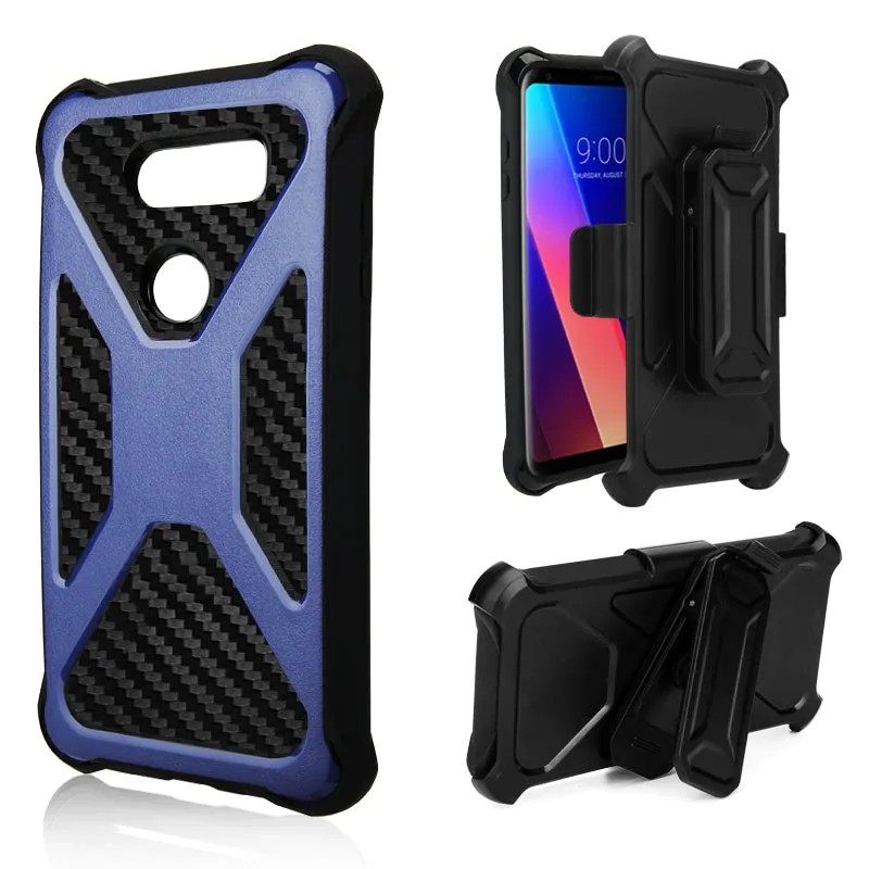 LG V30 Case, LG V30 Plus, Rugged Slim Rotating Holster Swivel Lock Carbon Fiber Combo Clip Case Cover - Blue