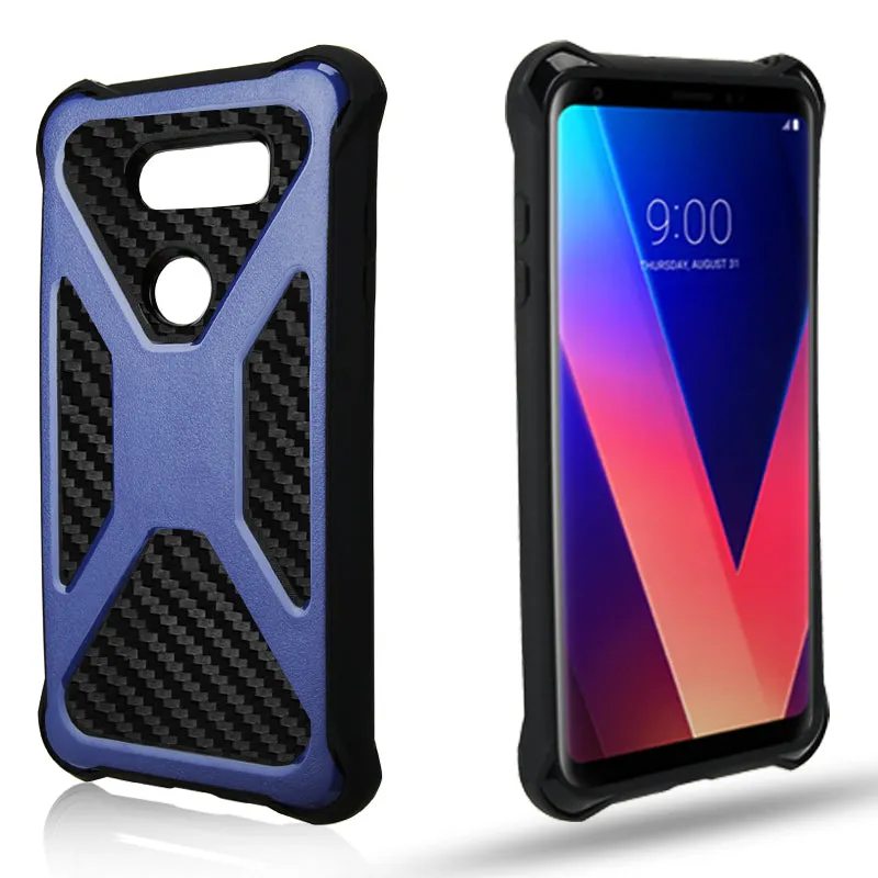 LG V30 Case, LG V30 Plus, Rugged Slim Rotating Holster Swivel Lock Carbon Fiber Combo Clip Case Cover - Blue