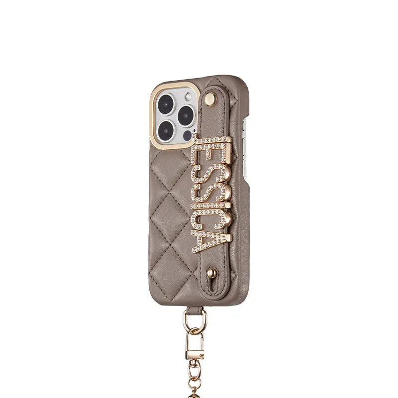 Luxury Rhomb Leather Custom Name Letter Lanyard Phone Case For iPhone