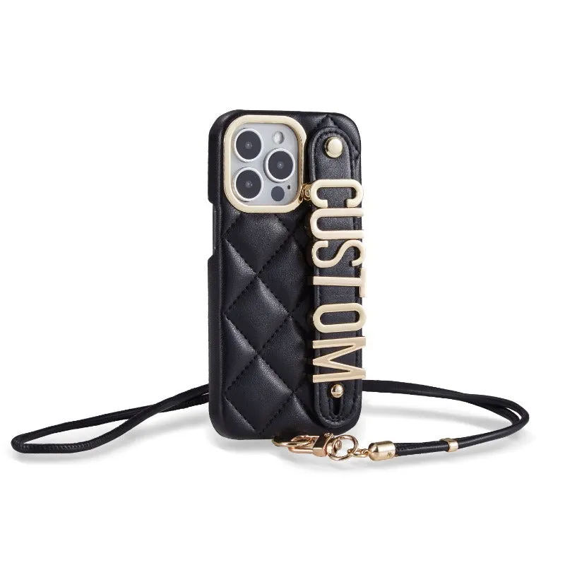 Luxury Rhomb Leather Custom Name Letter Lanyard Phone Case For iPhone