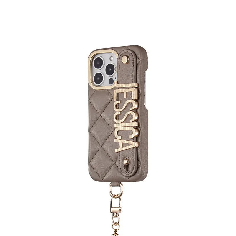 Luxury Rhomb Leather Custom Name Letter Lanyard Phone Case For iPhone