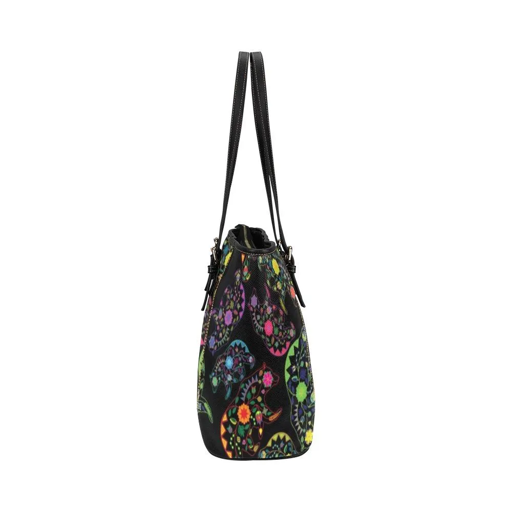 Neon Floral Bears Leather Tote Bag/Large