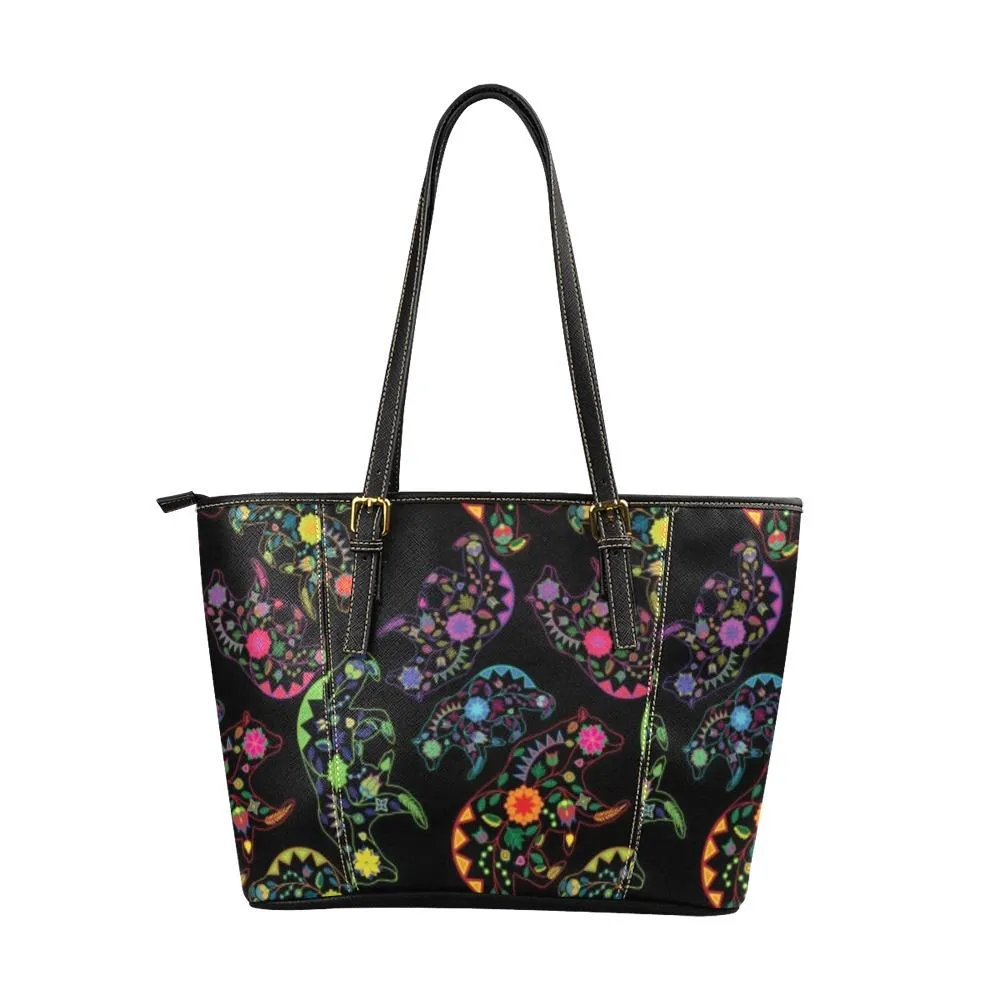 Neon Floral Bears Leather Tote Bag/Large