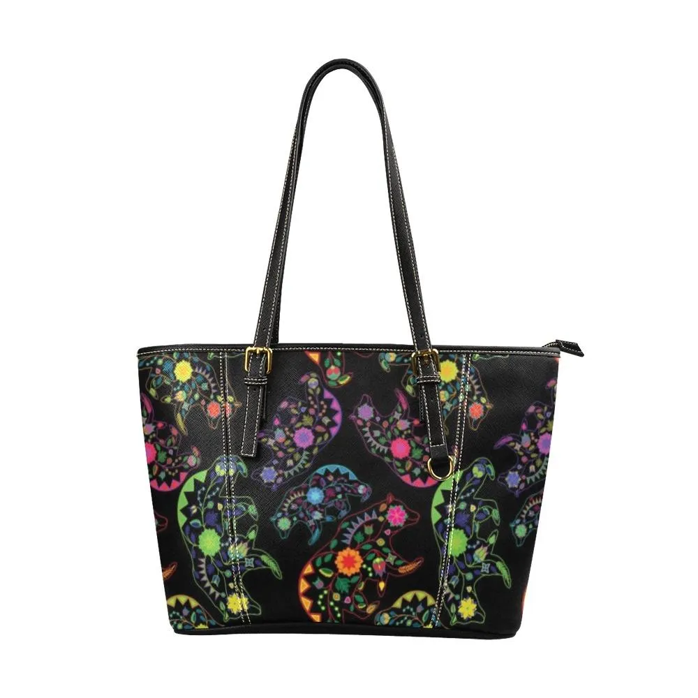 Neon Floral Bears Leather Tote Bag/Large