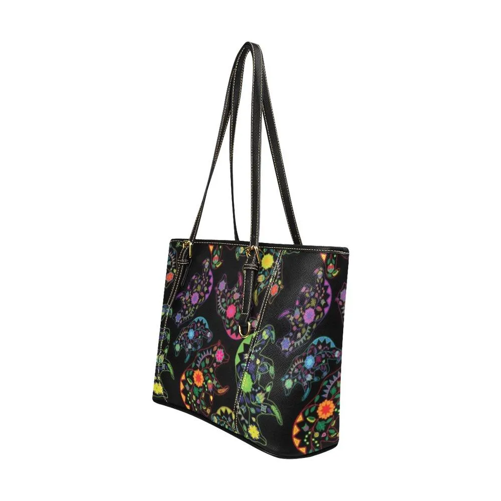 Neon Floral Bears Leather Tote Bag/Large