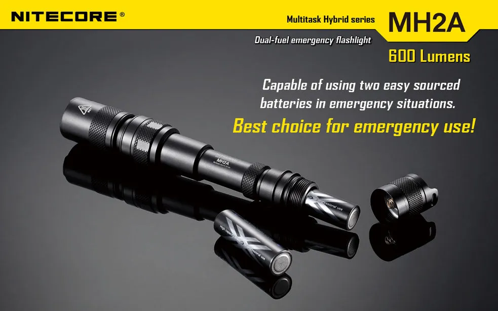 NiteCore Multi Task Hybrid Series MH2A 600 Lumen 2 x AA CREE XM-L LED Rechargeable Flashlight