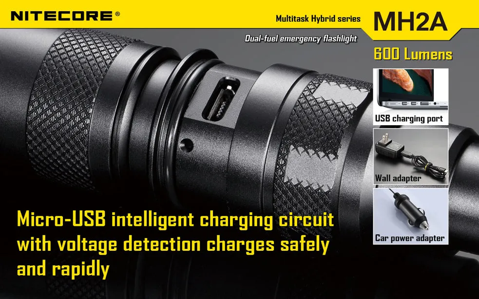 NiteCore Multi Task Hybrid Series MH2A 600 Lumen 2 x AA CREE XM-L LED Rechargeable Flashlight