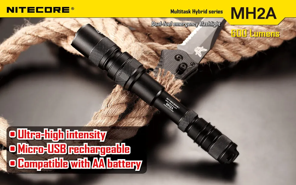 NiteCore Multi Task Hybrid Series MH2A 600 Lumen 2 x AA CREE XM-L LED Rechargeable Flashlight