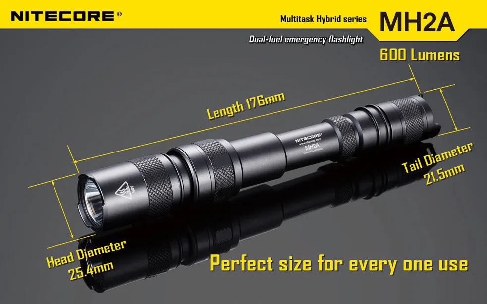 NiteCore Multi Task Hybrid Series MH2A 600 Lumen 2 x AA CREE XM-L LED Rechargeable Flashlight