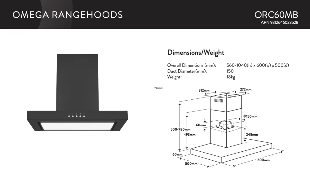 Omega ORC60MB 60cm Matte Black Canopy Rangehood - Special Order