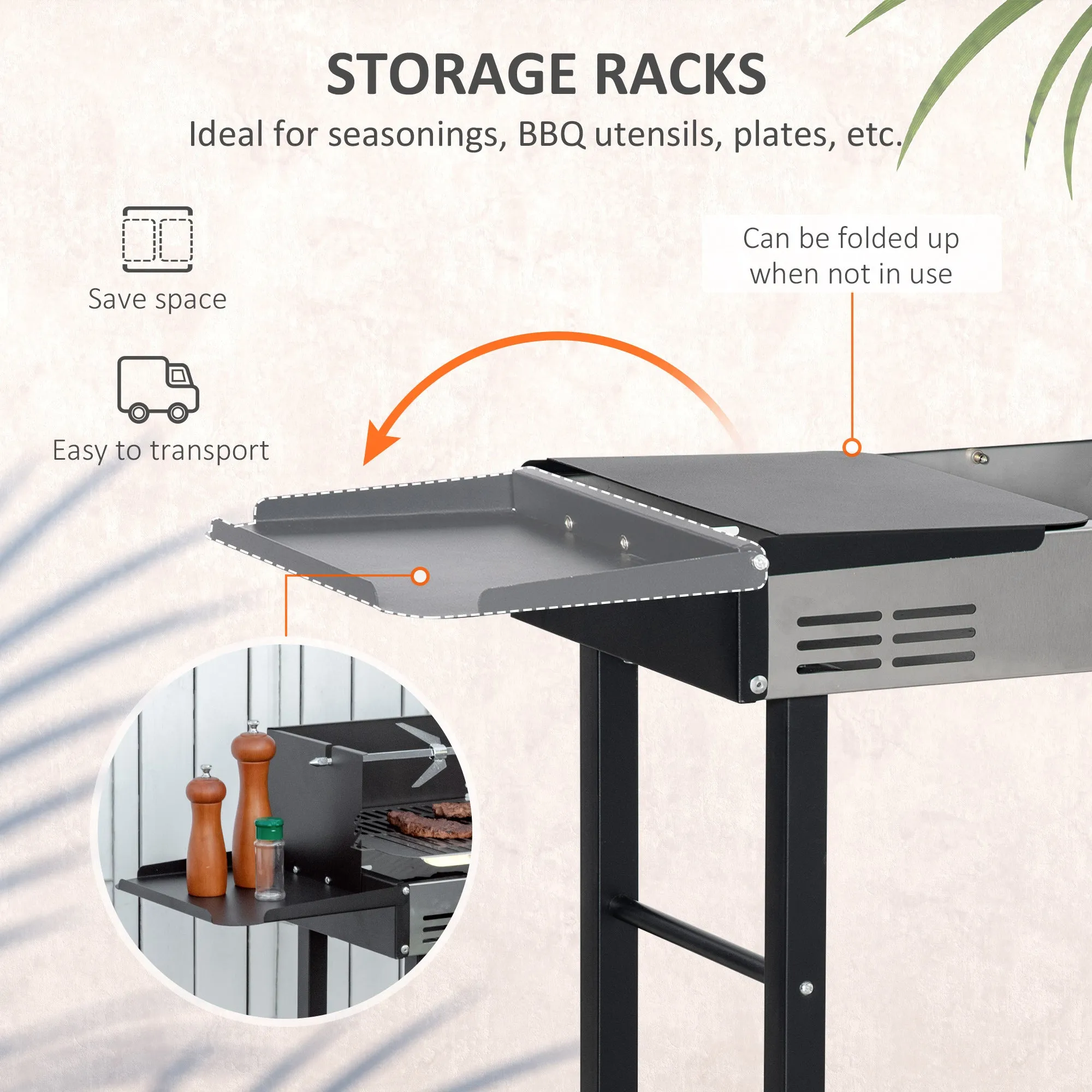 Outsunny Charcoal Spit Roasting Machine w/ 3-Tier Grill Grate & Foldable Shelves