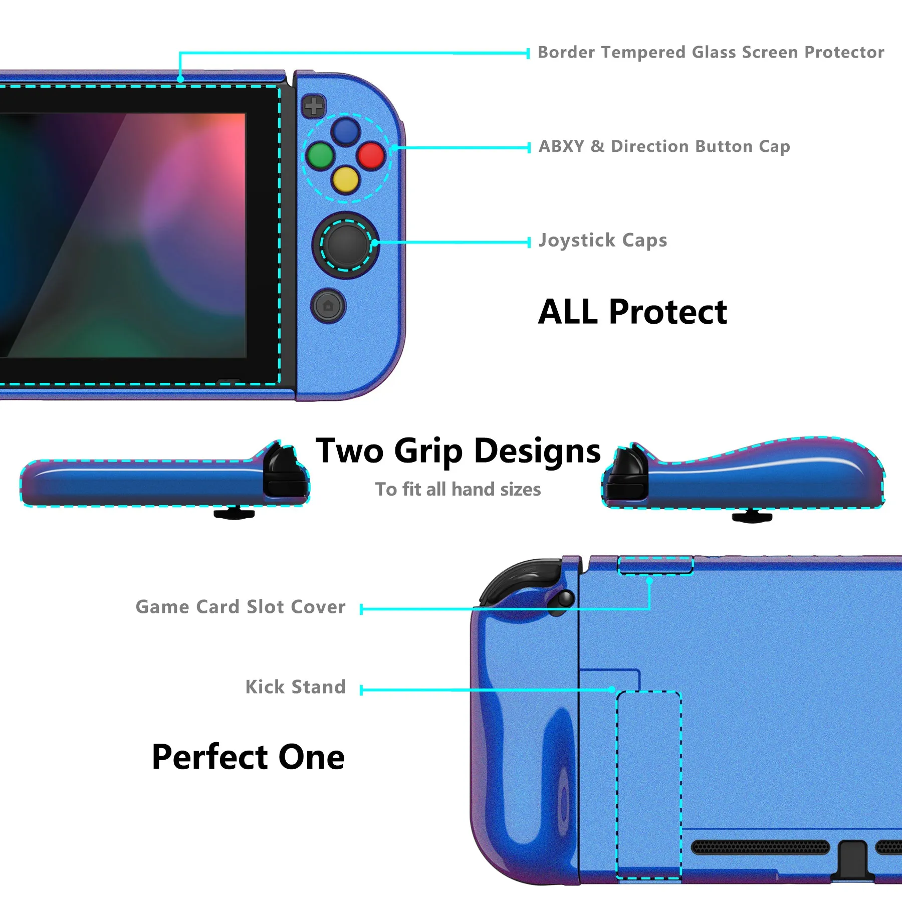 PlayVital AlterGrips Glossy Dockable Protective Case Ergonomic Grip Cover for Nintendo Switch, Interchangeable Joycon Cover w/Screen Protector & Thumb Grip Caps & Button Caps - Chameleon Purple Blue - TNSYP3001